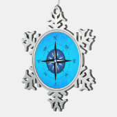 青いコンパス面図 スノーフレークピューターオーナメント (右)