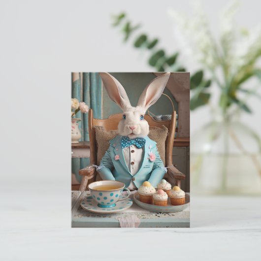 青いコートと蝶ネクタイのウサギ ポストカード (スタンド正面)