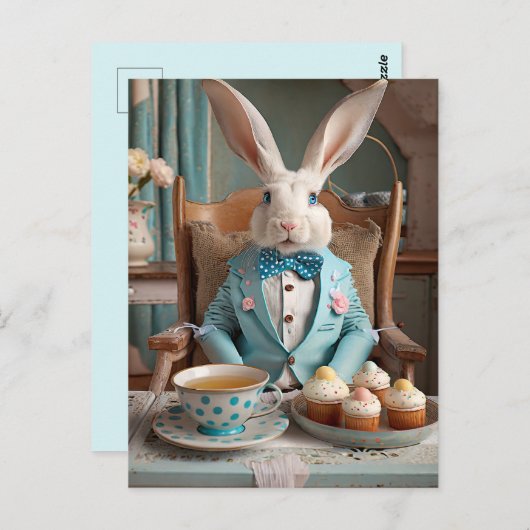 青いコートと蝶ネクタイのウサギ ポストカード (正面/裏面)