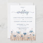 青いコーンフラワーと小麦畑のクリーム色のモダンなウェディング 招待状 (正面)