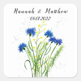 青いコーンフラワーフローラのかわいらし水結婚色 スクエアシール
