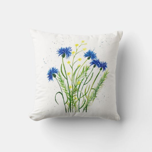 青いコーンフラワーフローラ水彩かわいらし花 クッション (正面)