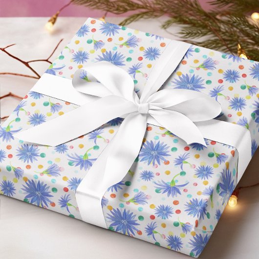 青いコーンフラワー数々のズ色のドット復活祭 ラッピングペーパー