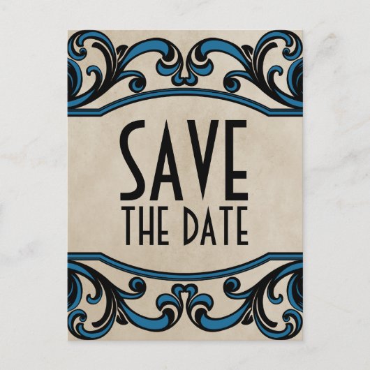 青いゴシック様式の渦巻き形日付はがきを保存 案内ポストカード (正面)