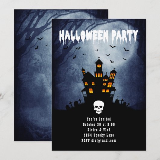 青いゴーストと不気味なホーンテッドハウス 招待状 (正面/裏面)