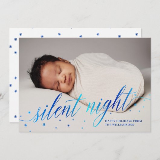 青いサイレントナイトのハッピーホリデー ベイビー フォト シーズンカード (正面/裏面)