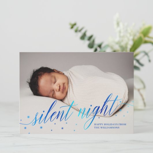 青いサイレントナイトのハッピーホリデー ベイビー フォト シーズンカード (スタンド正面)