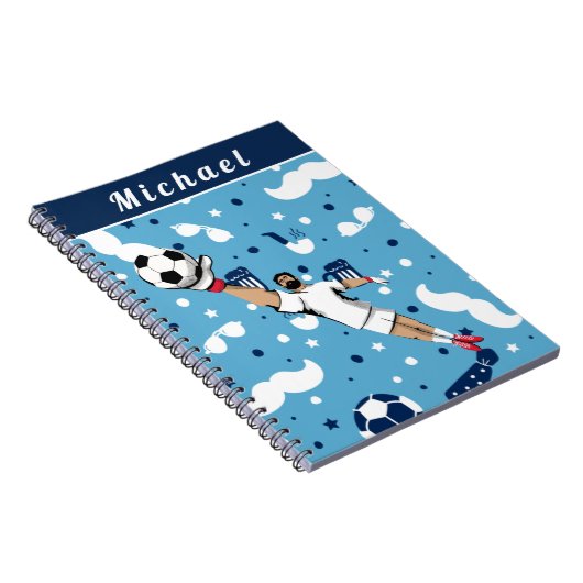 青いサッカーゴールキーパーゴールキーパープレーヤーの子供の名前 ノートブック (右側)