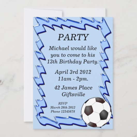 青いサッカーボールの誕生日のパーティの招待状 招待状 (正面)