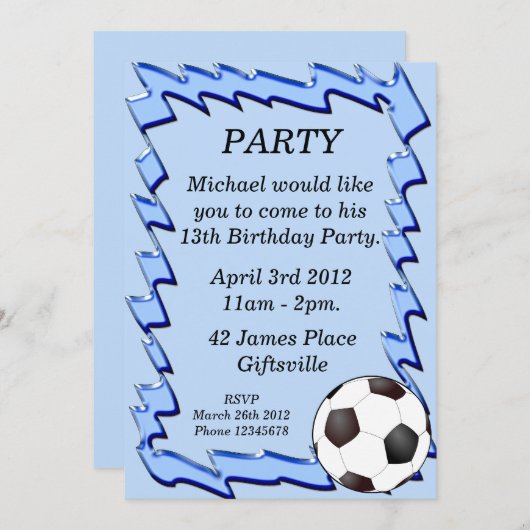 青いサッカーボールの誕生日のパーティの招待状 招待状 (正面/裏面)