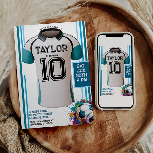 青いサッカー スポーツ少年 ジェージ 誕生日パーティー 招待状