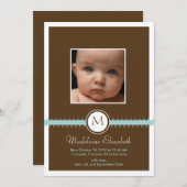 青いサテンリボン（モノグラム出産の発表あり） 案内状 (正面/裏面)