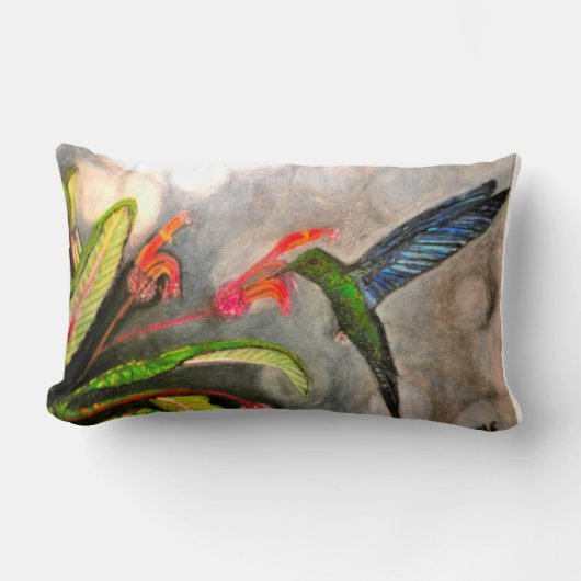 青いサファイアのハチドリの枕 ランバークッション (正面)