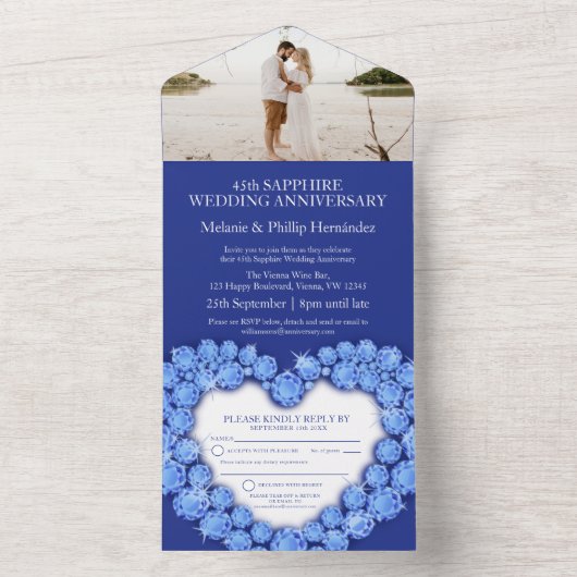 青いサファイアのハート 45周年結婚記念写真 オールインワン招待状 (内側)