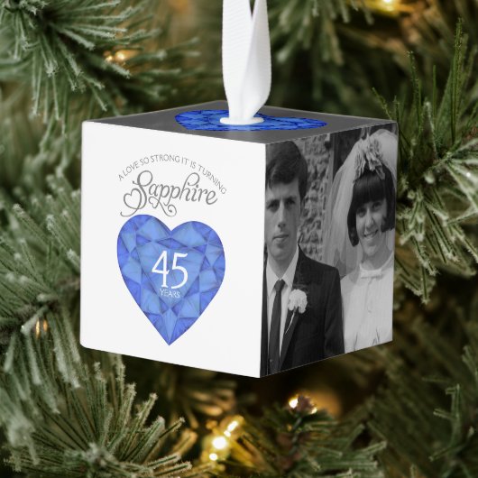青いサファイアハートアート45周年記念写真 キューブオーナメント (ツリー)