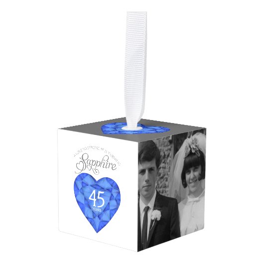 青いサファイアハートアート45周年記念写真 キューブオーナメント (正面アングル)