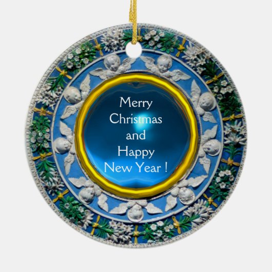 青いサファイヤの丸い子と聖人を持つヴァージン セラミックオーナメント (裏面)