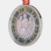 青いサファイヤの丸い子と聖人を持つヴァージン メタルオーナメント (左)