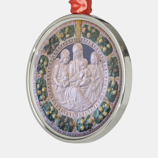 青いサファイヤの丸い子と聖人を持つヴァージン メタルオーナメント (左)