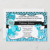 青いサファリ象のキリンのベビーシャワー 招待状 (正面)