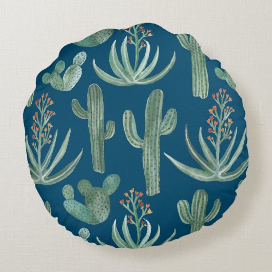 青いサボテンとサグアーロのサボテンの植物 ラウンドクッション (裏面)