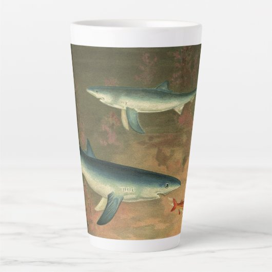 青いサメが魚を食べる、ビンテージの海洋生物 カフェラテマグ (正面)