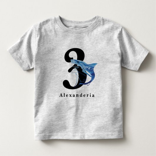 青いサメの3歳の誕生日名前年齢子供の トドラーTシャツ (正面)