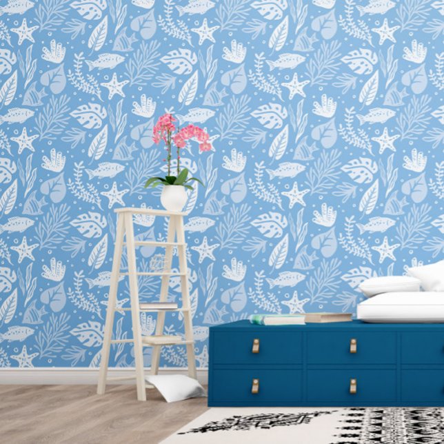 青いサメ葉のヒトデの海模様 壁紙 (クリエイターアップロード済み)