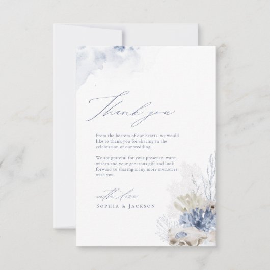 青いサンゴと貝殻のビーチをテーマにしたサンキューユナイテッド サンキューカード (正面)