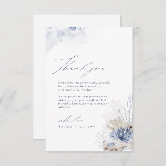 青いサンゴと貝殻のビーチをテーマにしたサンキューユナイテッド サンキューカード (正面/裏面)