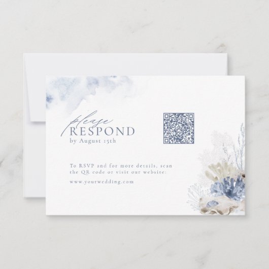 青いサンゴと貝殻ビーチ結婚式QRコード 出欠カード (正面)
