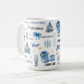 青いサンタとプレゼントの白い背景 コーヒーマグカップ (正面左)