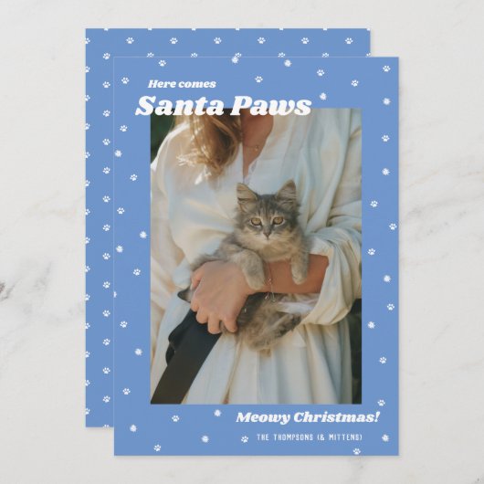 青いサンタのポーズペットMeowyクリスマスフォトカード シーズンカード (正面/裏面)