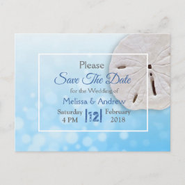 青いサンドダラーにテーマを当てた結婚式のSave the Date 案内ポストカード