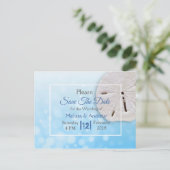 青いサンドダラー テーマの結婚式 Save the Date 案内ポストカード (スタンド正面)