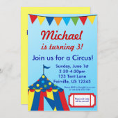 青いサーカスのカーニバルのサーカスの大テントの誕生会 招待状 (正面/裏面)