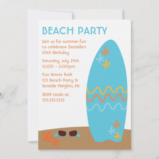 青いサーフボードの夏のテーマのパーティー 招待状 (正面)