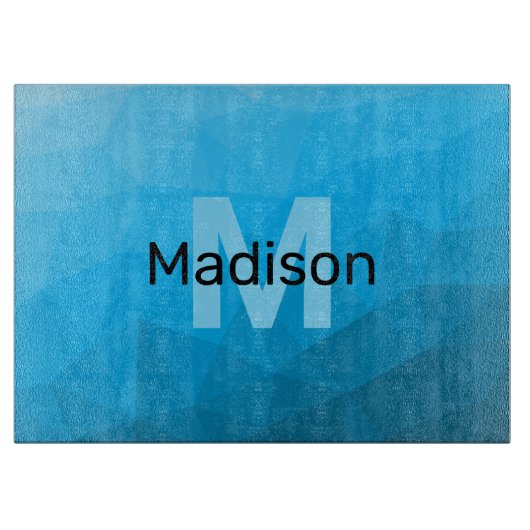 青いシアン色のグラデーションジオメトリメッシュパターンモノグラム カッティングボード (正面)