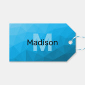 青いシアン色のグラデーションジオメトリメッシュパターンモノグラム ギフトタグ (正面(横))