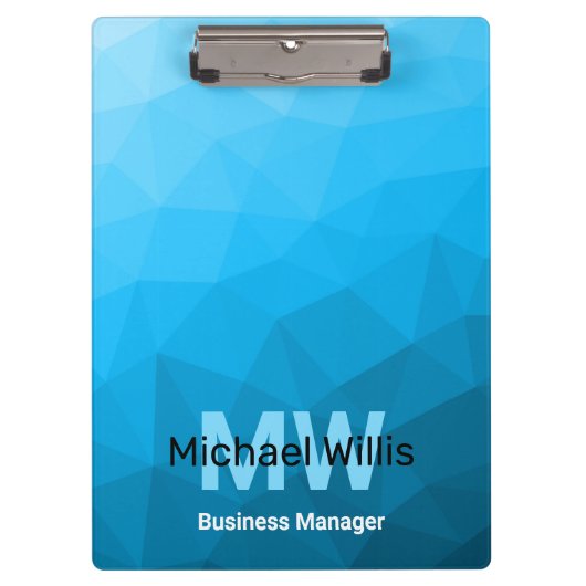 青いシアン色のグラデーションジオメトリメッシュパターンモノグラム クリップボード (正面)