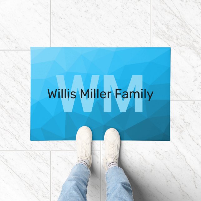 青いシアン色のグラデーションジオメトリメッシュパターンモノグラム ドアマット (室内)