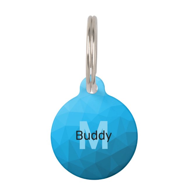 青いシアン色のグラデーションジオメトリメッシュパターンモノグラム ペット　ネームタグ (正面)