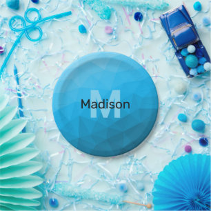 青いシアン色のグラデーションジオメトリメッシュパターンモノグラム ペーパープレート