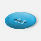 青いシアン色のグラデーションジオメトリメッシュパターンモノグラム ペーパープレート (アングル)