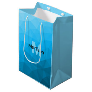 青いシアン色のグラデーションジオメトリメッシュパターンモノグラム ミディアムペーパーバッグ