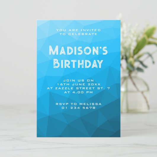 青いシアン色のグラデーションジオメトリメッシュ三角形パーティー 招待状 (スタンド正面)