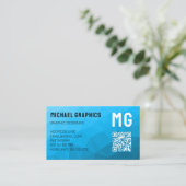 青いシアン色のグラデーション幾何学的メッシュパターンQRコード 名刺 (スタンド正面)