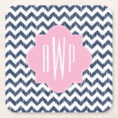 青いシェブロンのイカットのモノグラム スクエアペーパーコースター (正面)