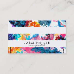 青いシックでモダンなメーキャップアーティストの水彩画のストライブ柄 名刺