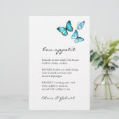 青いシックな蝶のエレガントなウェディングメニュスタイリッシュー (スタンド正面)